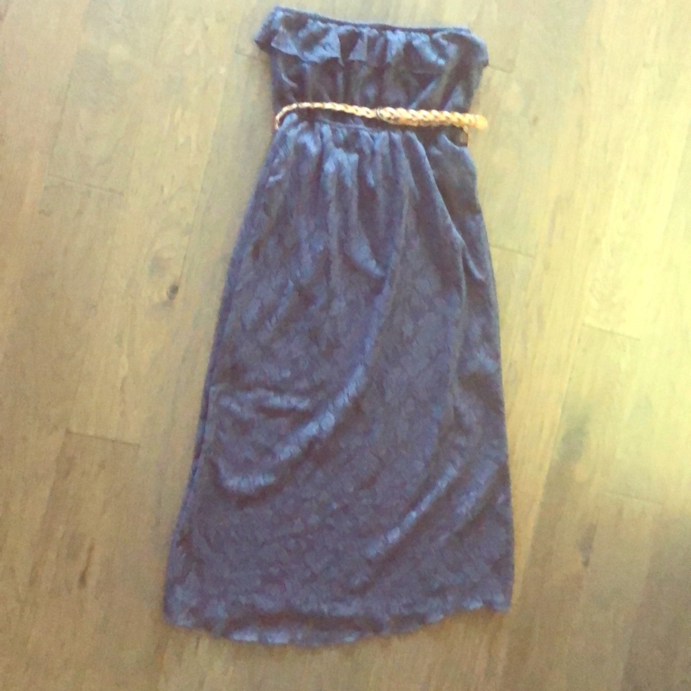 Strapless blue lace dress with brown belt